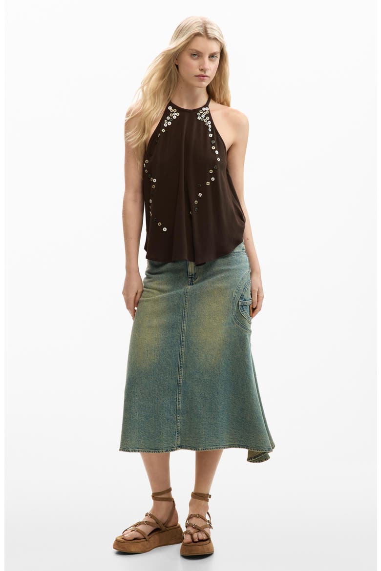 Button Trapeze Top, Alternate, color, BROWN