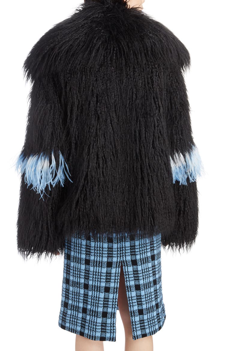 Feather Trim Faux Fur Jacket, Alternate, color, BLACK