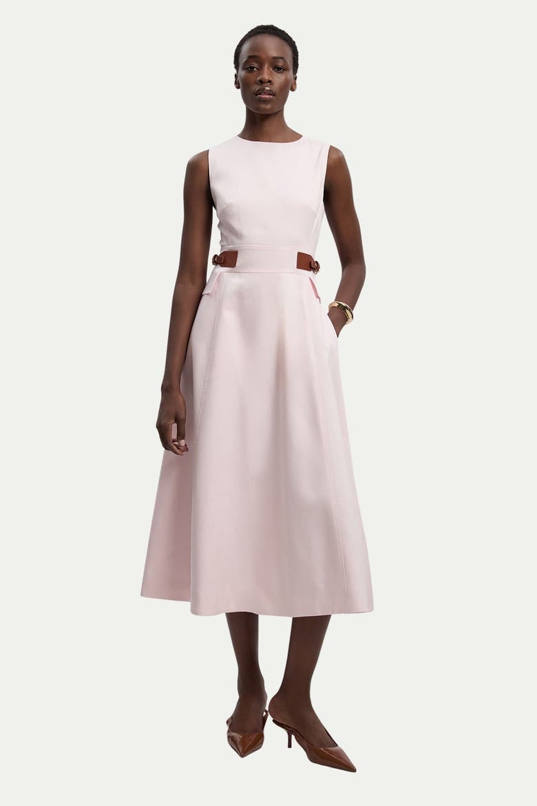 Fitted Belt Crew Neck Midi Dress, Main, color, Blush