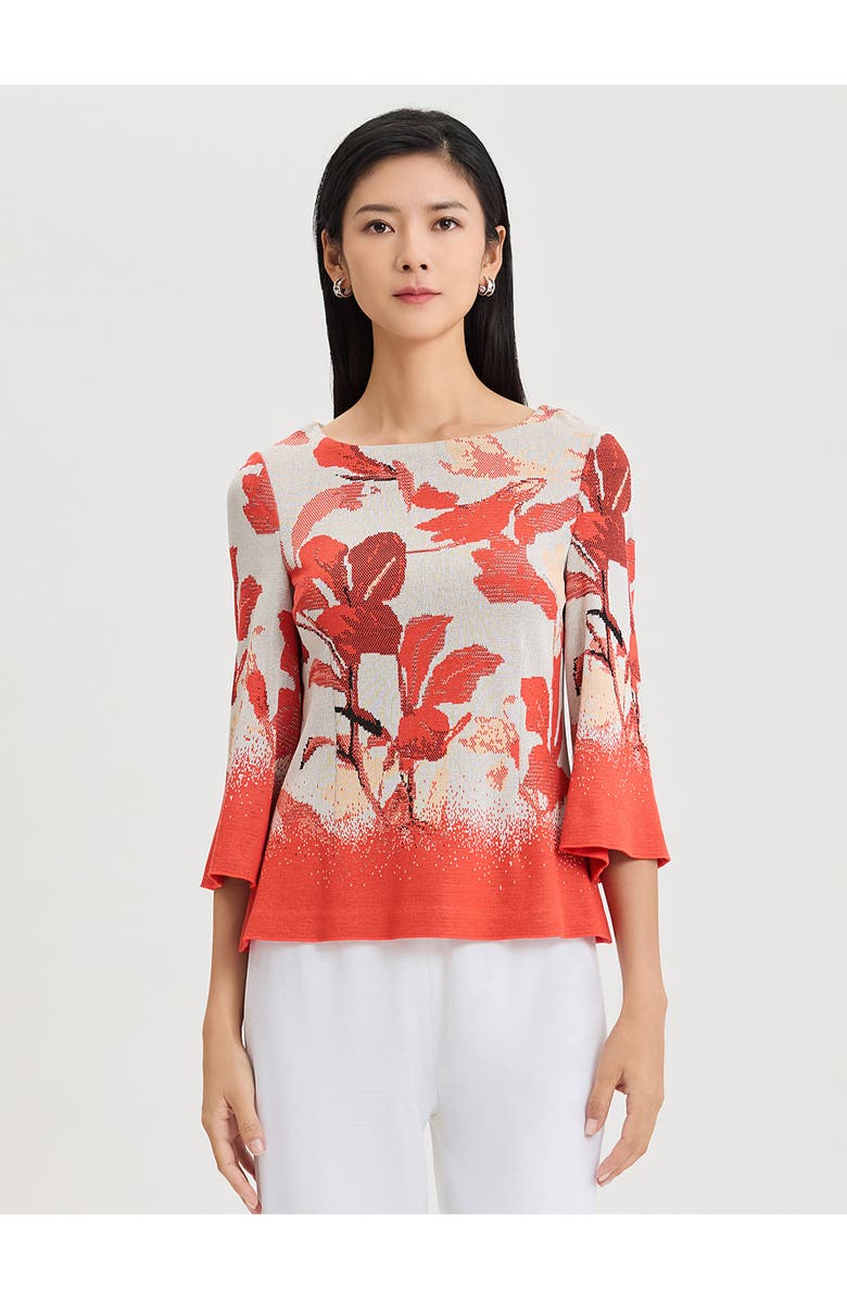 Misook Floral Jacquard Bell Sleeve Soft Knit Top, Main, color, Cherry/Peach/Ivory/Black