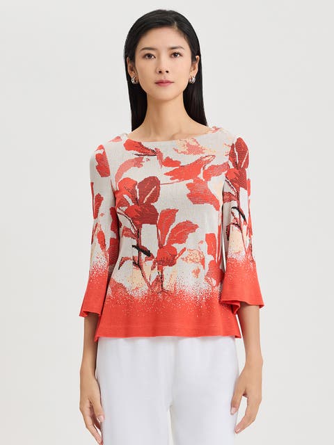 Floral Jacquard Bell Sleeve Soft Knit Top