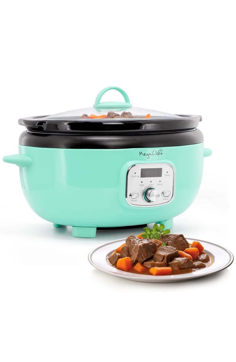 Megachef 6.9 Quart Oval Electric Slow Cooker in Turquoise with Black Pot, Main, color, Blue