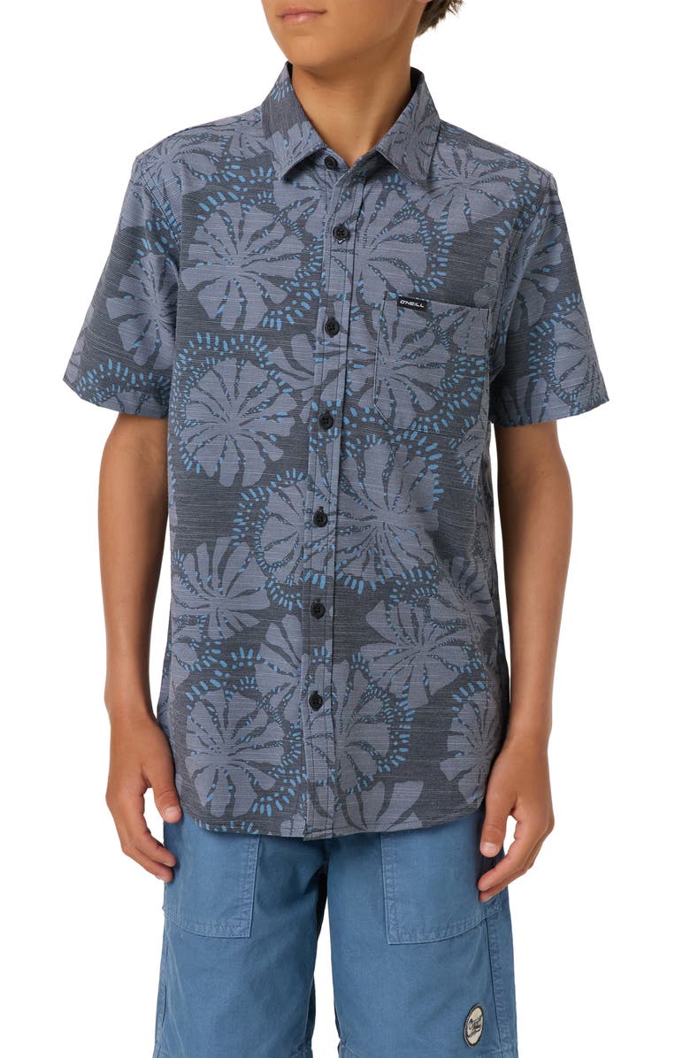 O'Neill Kids' UPF Slub Standard Woven Short Sleeve Button-Up Shirt, Main, color, Black