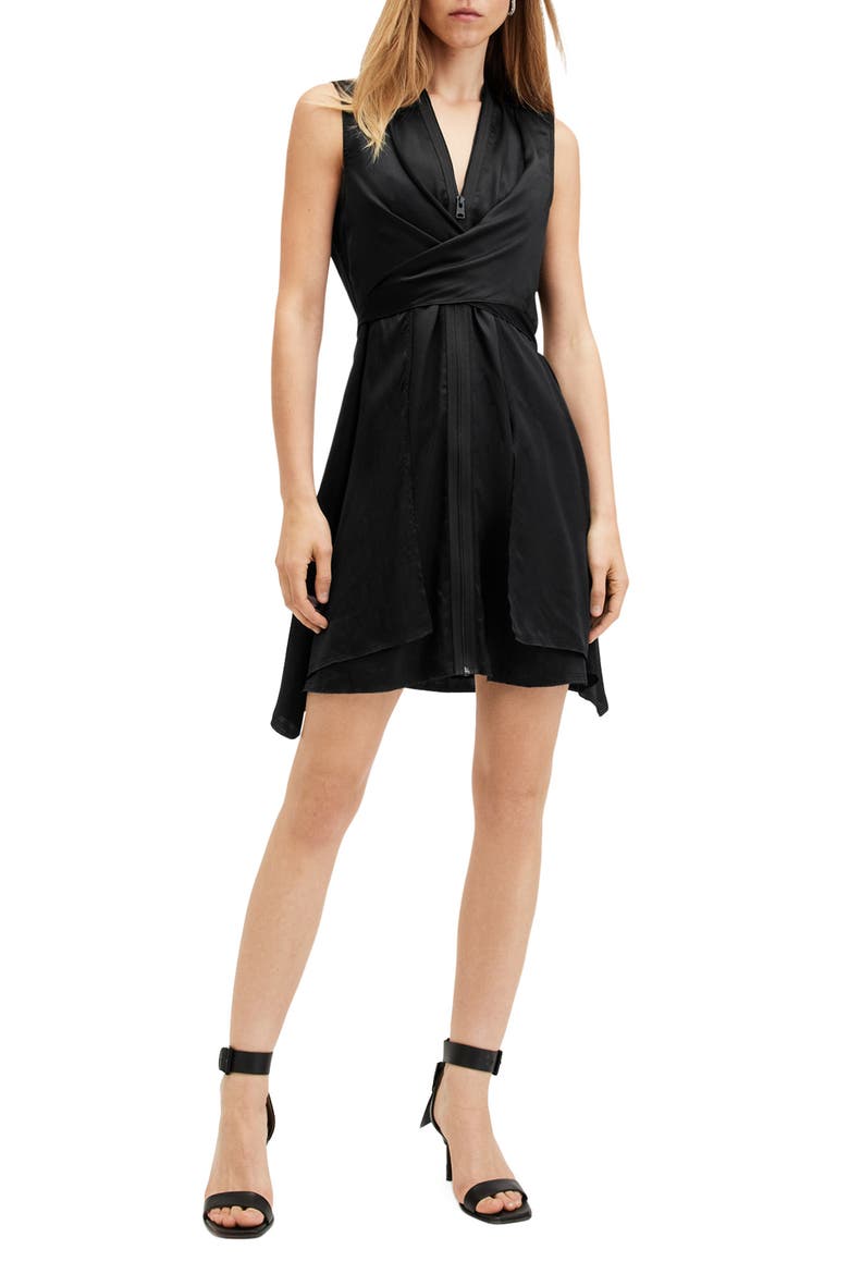 Jayda Wrap Front Asymmetic Shift Dress, Main, color, BLACK