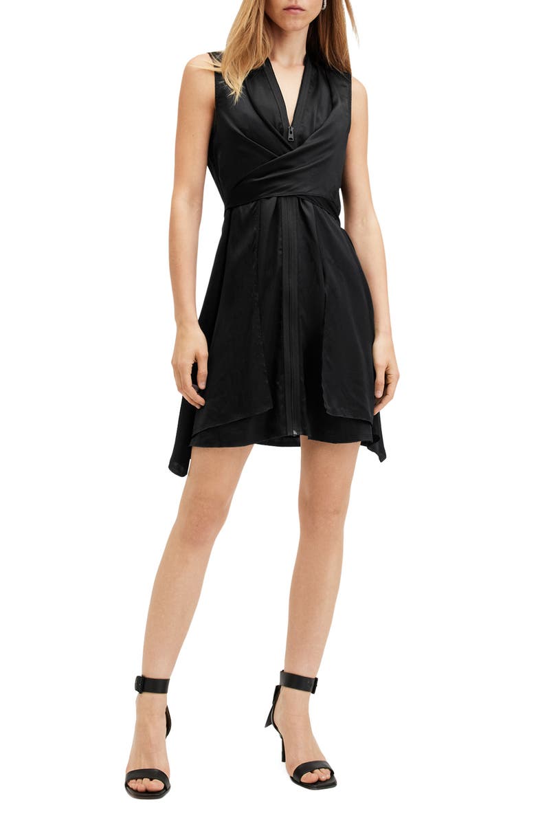 AllSaints Jayda Wrap Front Asymmetic Shift Dress, Main, color, Black