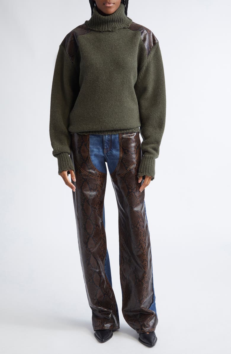 Stella McCartney Snakeskin Embossed Faux Leather & Virgin Wool Sweater, Alternate, color, Dark Khaki