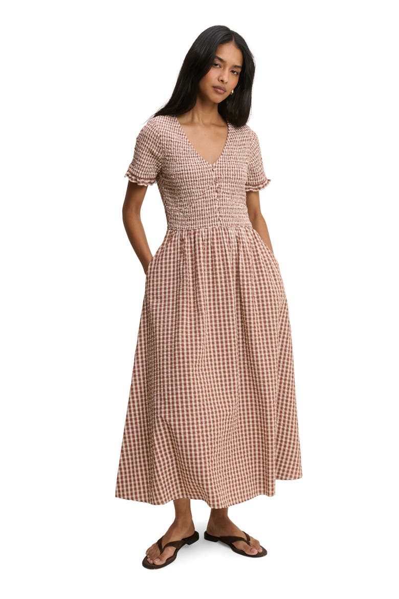 Eliza Smocked Gingham Maxi Dress, Alternate, color, BROWN