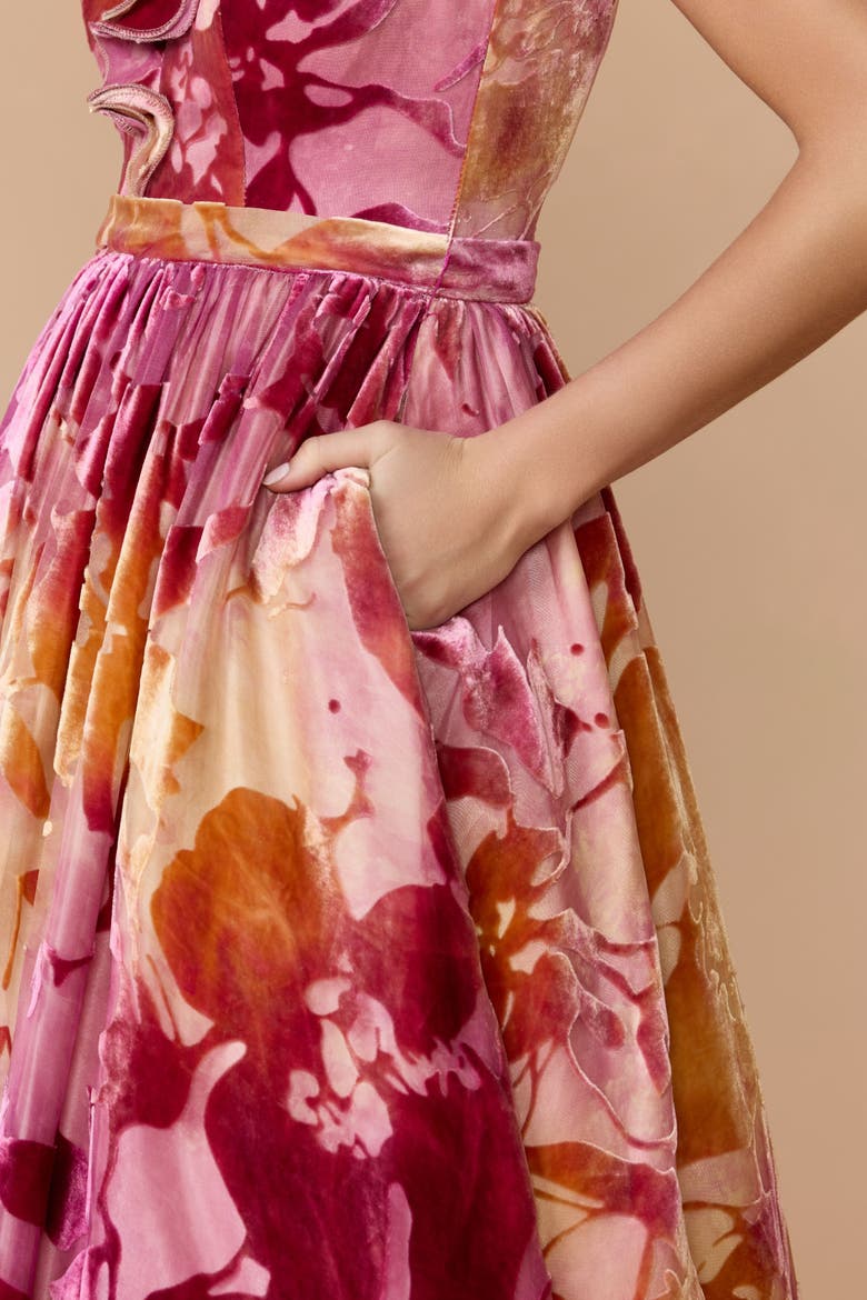 Burnout Organza Ruffle V Neck Detail Ballgown, Alternate, color, Orchid Multi