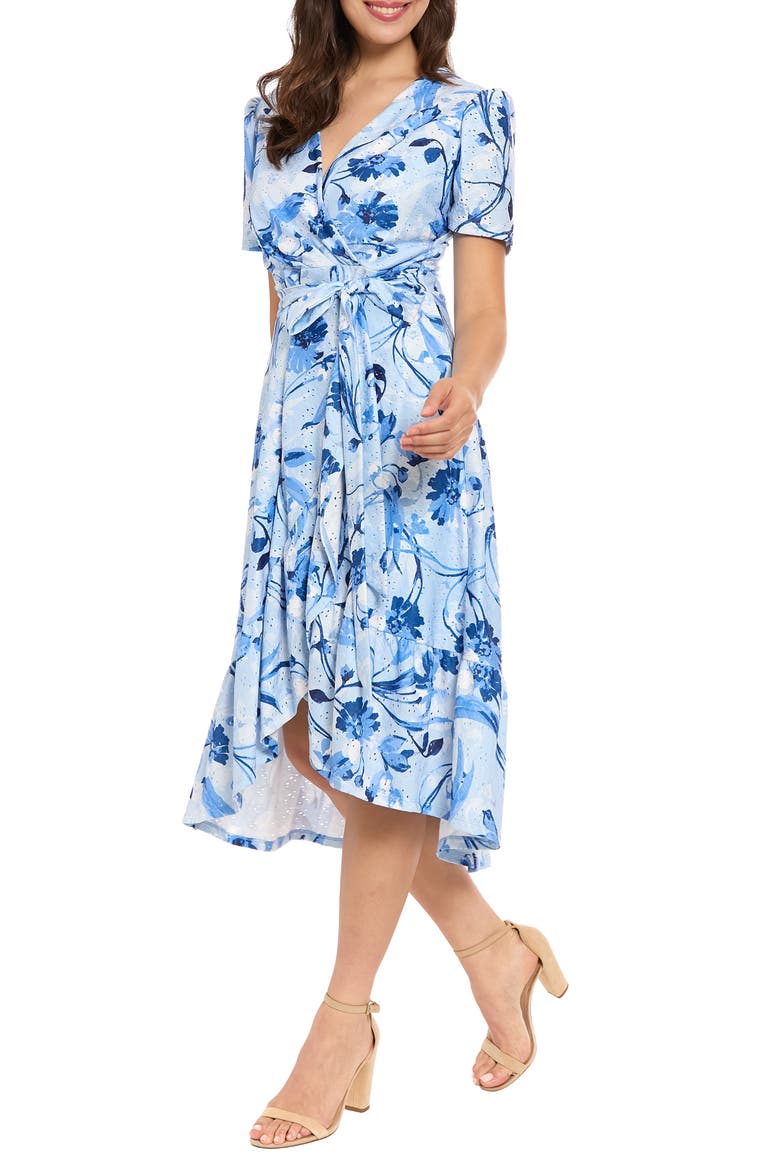 Floral Eyelet Faux Wrap Midi Dress, Alternate, color, LIGHT BLUE/ BLUE