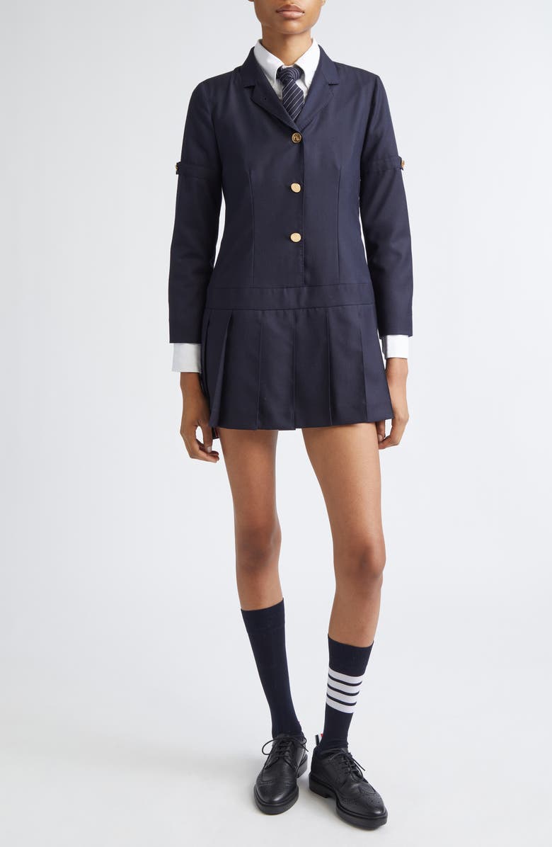 Thom Browne Long Sleeve Pleated Wool Blazer Dress, Alternate, color, Navy