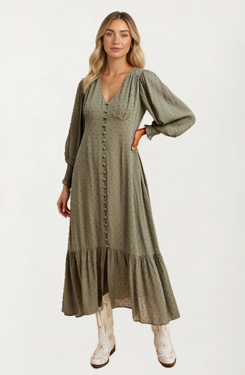 Knit and Lounge Button Front Puff Sleeve Maxi Dress, Alternate, color, 
