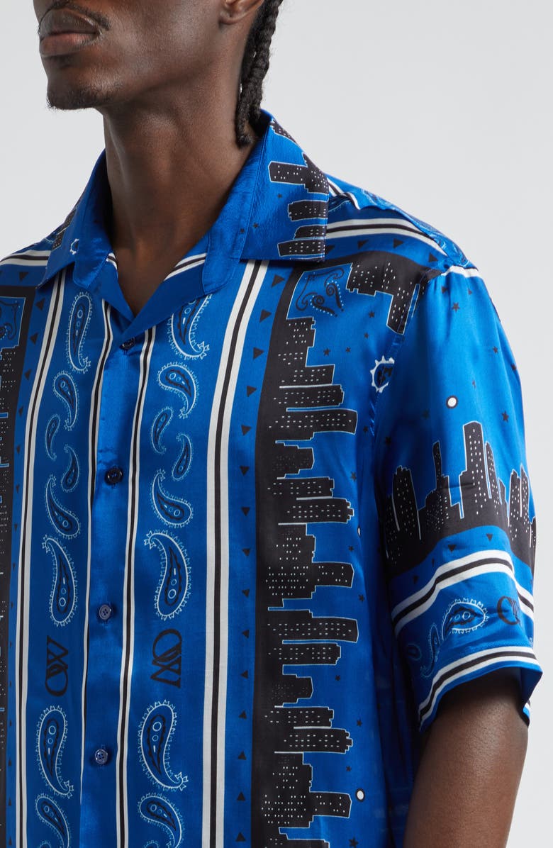 Off-White Bandana Short Sleeve Satin Button-Up Bowling Shirt, Alternate, color, Nautical Blue