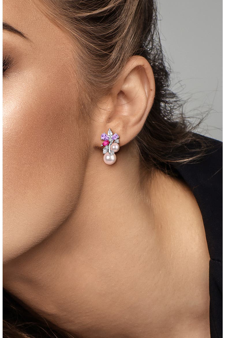 6-9mm Pink Cultured Freshwater Pearl & Stone Cluster Pendant Necklace & Stud Earrings Set, Alternate, color, PURPLE MULTI