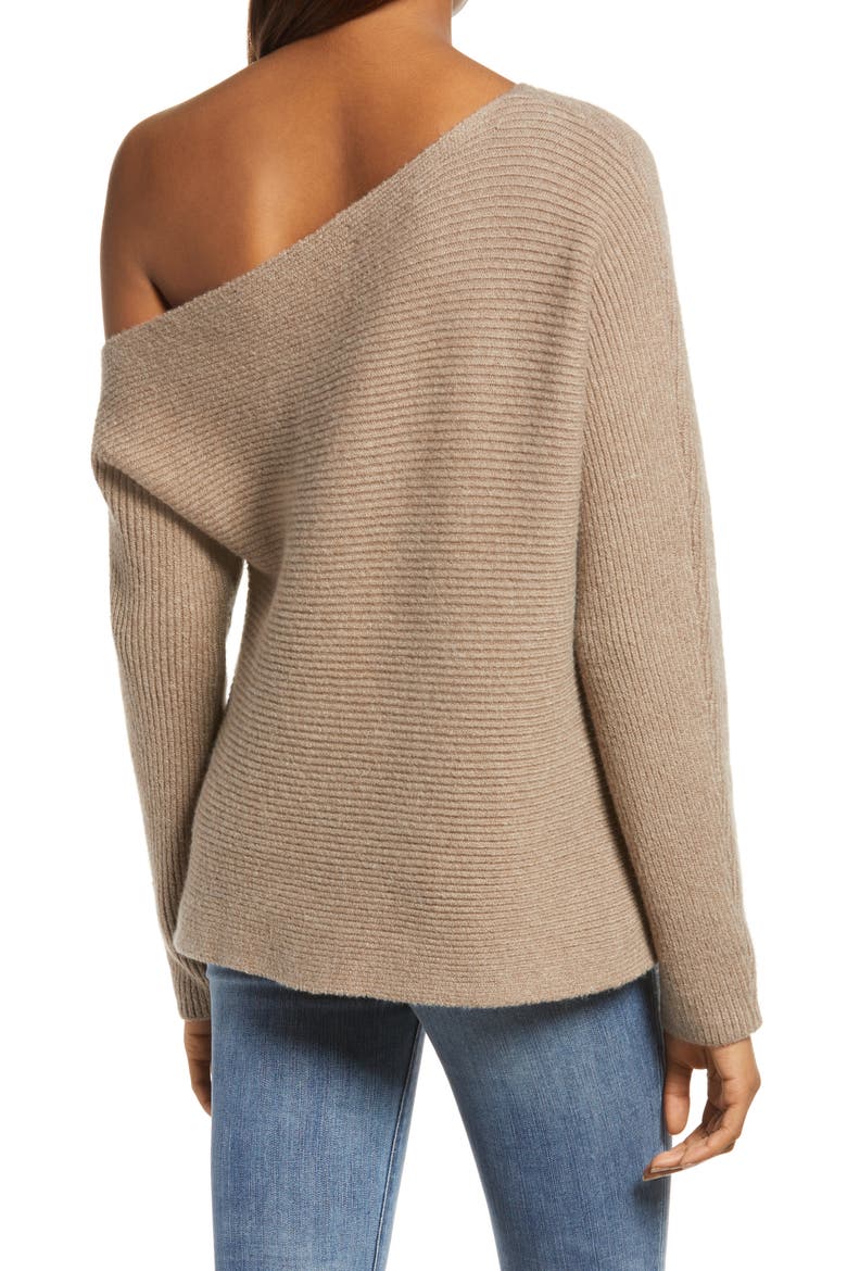 Ribbed One-Shoulder Pullover, Alternate, color, BROWN SHIITAKE HEATHER