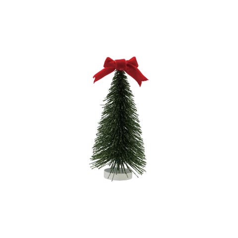 Glittered Velvet Bow Bottle Brush Tree with Reclaimed Wood Base, Red and Green