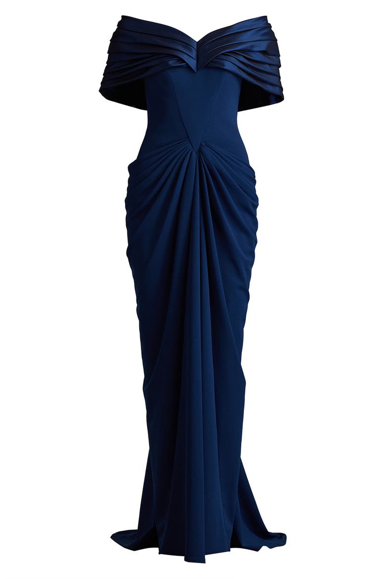 Off the Shoulder Ruched Crepe Gown, Alternate, color, NAVY