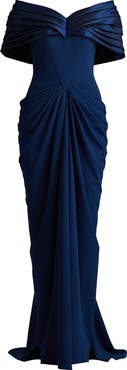 Tadashi Shoji Off the Shoulder Ruched Crepe Gown