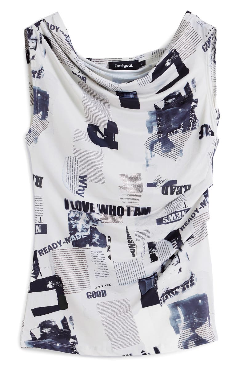 Desigual Newspaper Print One-Shoulder Top, Alternate, color, White