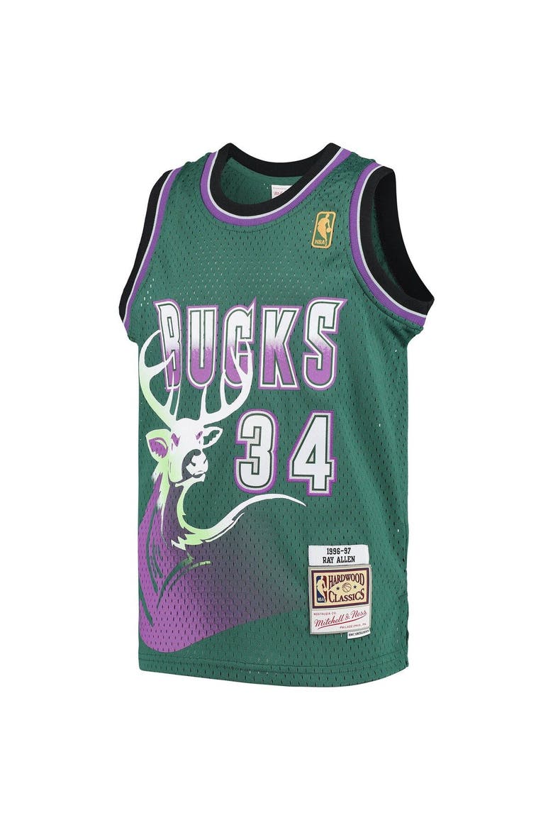 Youth Mitchell & Ness Ray Allen Green Milwaukee Bucks 1996-97 Hardwood Classics Swingman Jersey, Alternate, color, Green