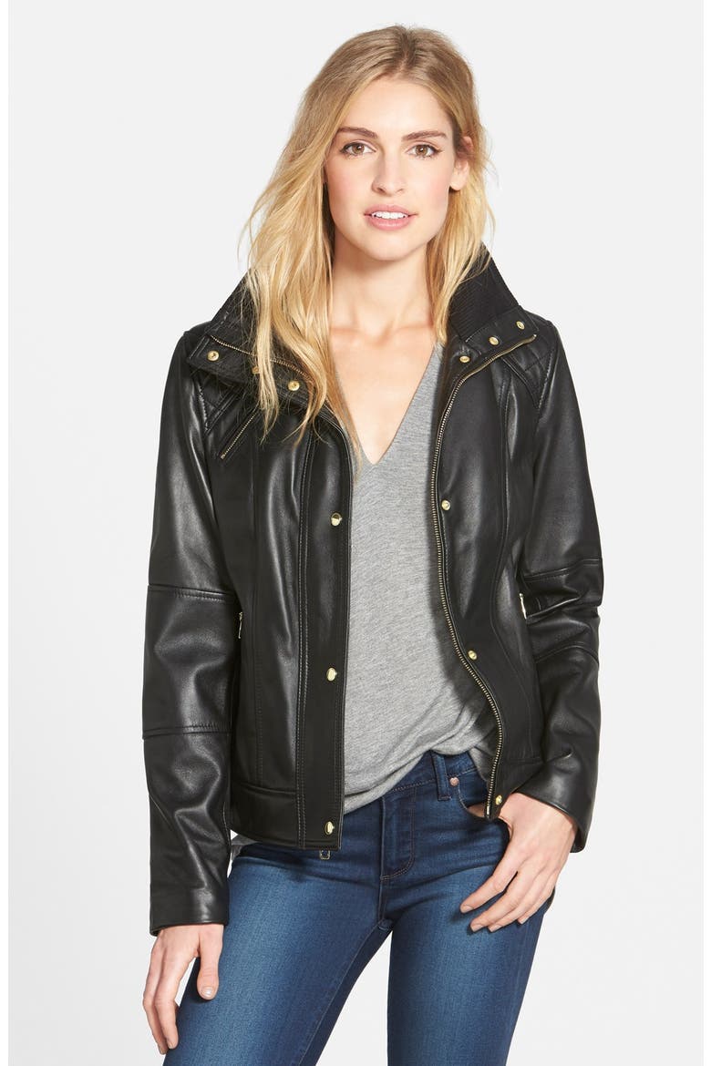 Knit Collar Lambskin Leather Bomber Jacket, Main, color, BLACK