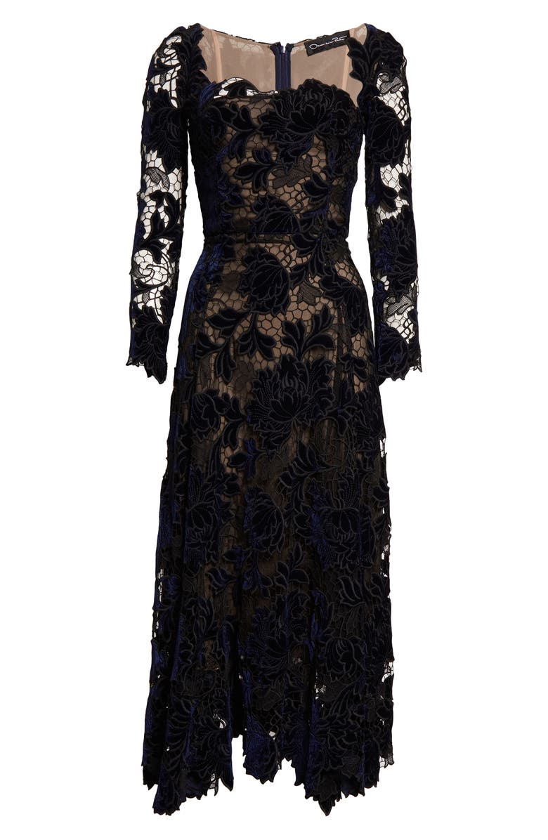Oscar de la Renta Peony Velvet Guipure Lace Dress, Alternate, color, Navy