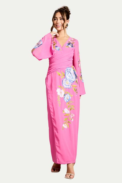 Embroidered V-Neck Wrap Dress