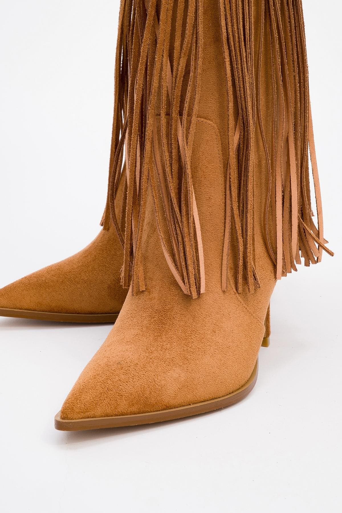 Gueras Fringe Pointed Toe Boot, Alternate, color, Cognac Suede Faux Leather