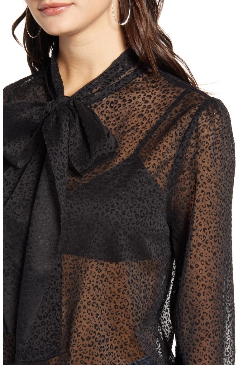 Leopard Print Front Tie Velvet Burnout Blouse, Alternate, color, BLACK