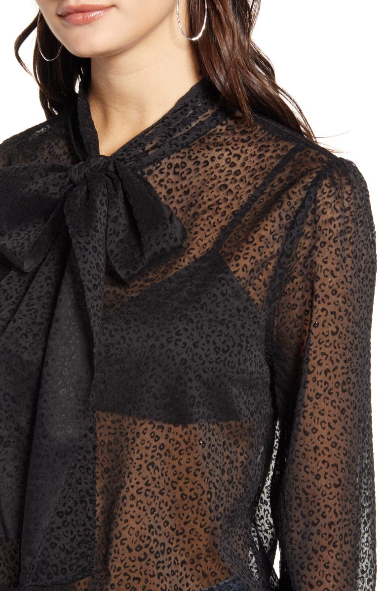 Endless Rose Leopard Print Front Tie Velvet Burnout Blouse, Alternate, color, 