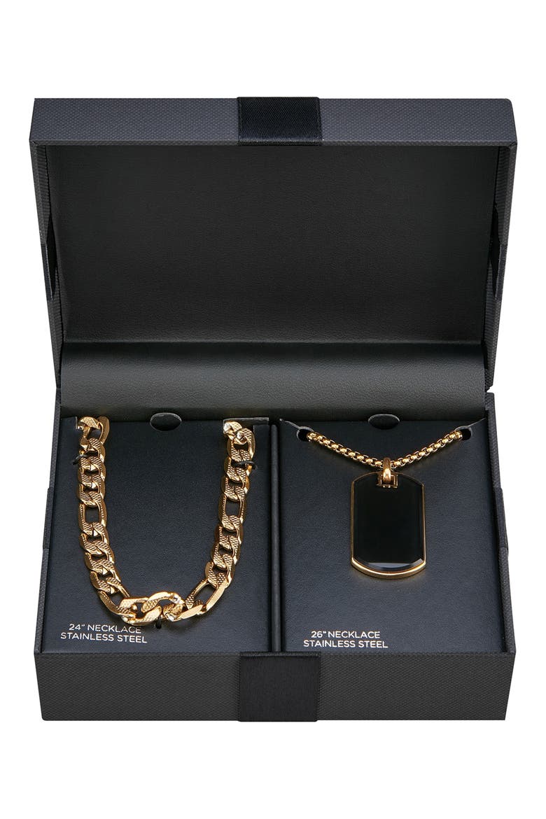 Men's Set of 2 Curb Chain & Dog Tag Pendant Necklaces, Alternate, color, BLACK/ GOLD