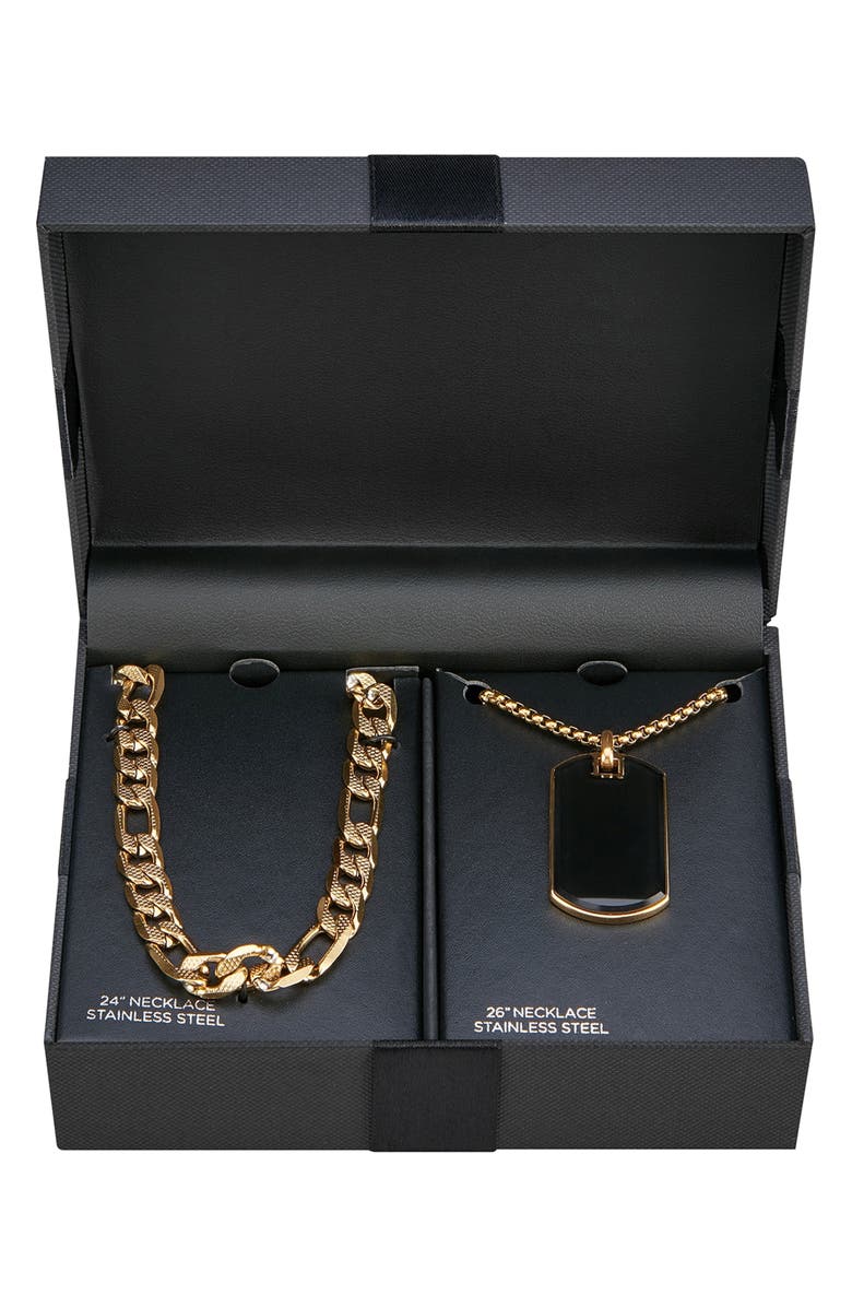 AMERICAN EXCHANGE Men's Set of 2 Curb Chain & Dog Tag Pendant Necklaces, Alternate, color, Black/ Gold