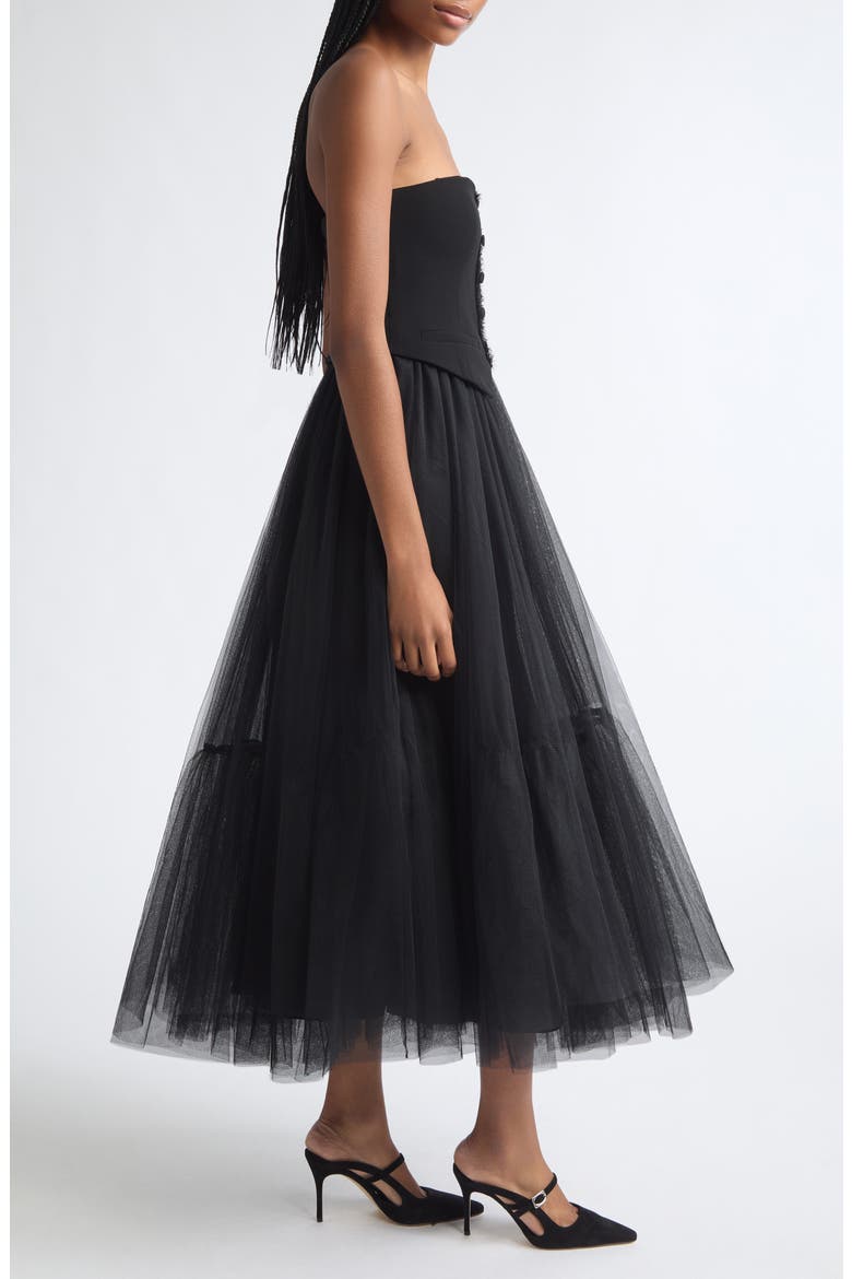 Lunelle Strapless Mixed Media Midi Dress, Alternate, color, BLACK