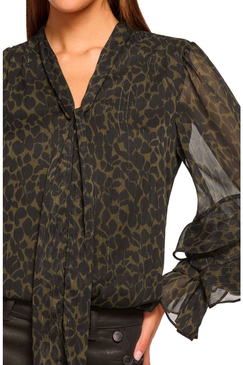 Bonnie Metallic Stripe Leaf Print Top, Alternate, color, BLACK / DEEP OLIVE FOLIAGE