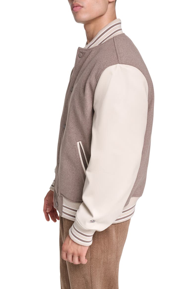 Varsity Jacket with Faux Leather Sleeves, Alternate, color, BROWN/ KHAK