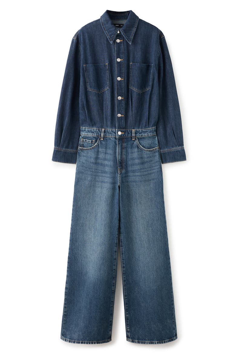 Long Sleeve Wide Leg Denim Jumpsuit, Main, color, DARK BLUE