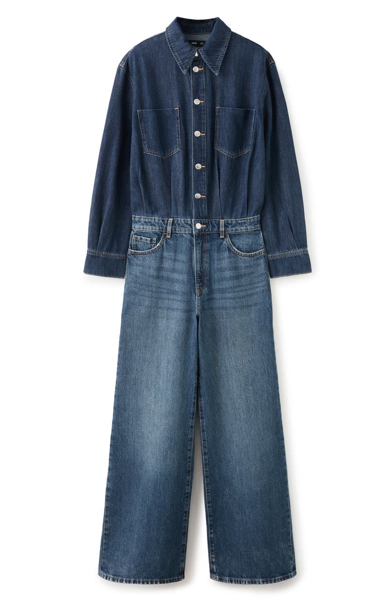 MANGO Long Sleeve Wide Leg Denim Jumpsuit, Main, color, Dark Blue