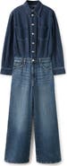MANGO Long Sleeve Wide Leg Denim Jumpsuit