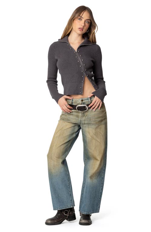 Shop Edikted Rib Asymmetric Zip Cardigan In Dark-gray