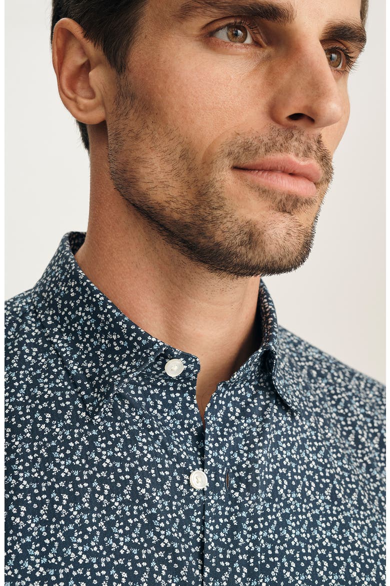 Floral Short Sleeve Stretch Luxe Twill Button-Up Shirt, Alternate, color, VINTAGE INDIGO