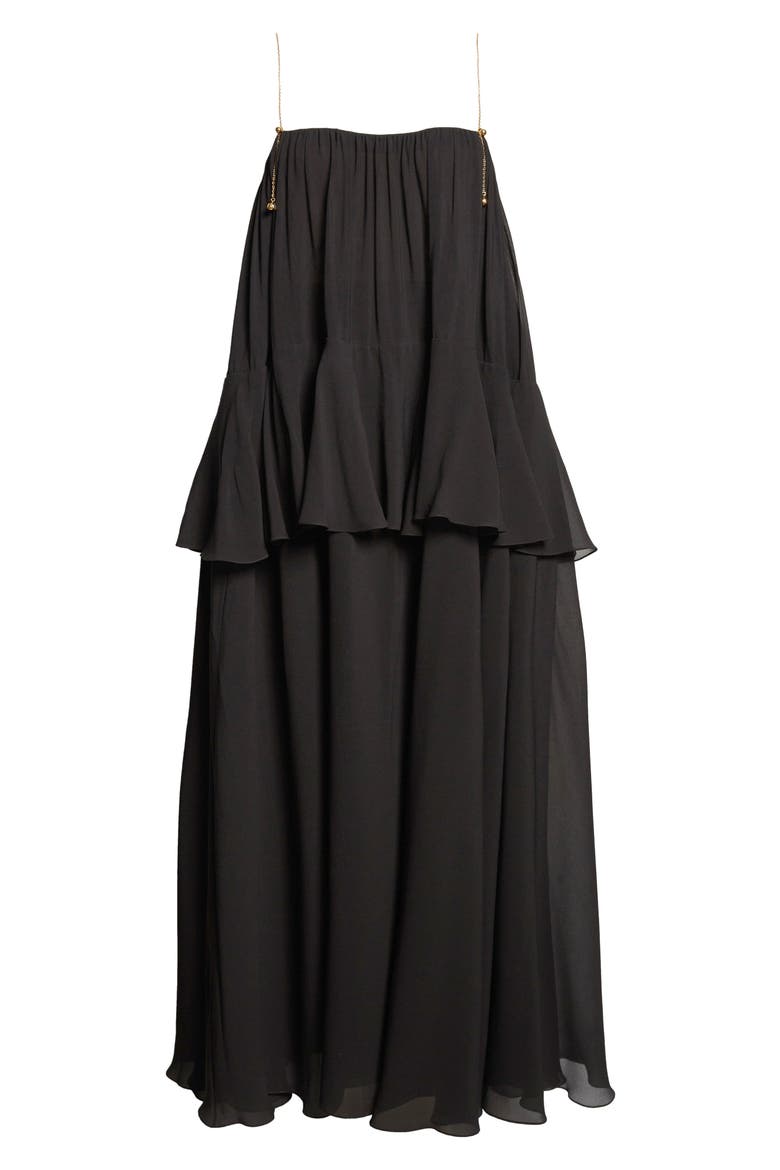 Chain Strap Peplum Silk Georgette Maxi Dress, Alternate, color, BLACK