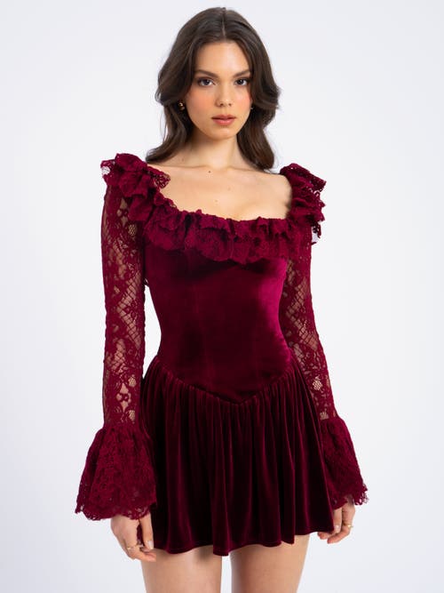 Miss Circle Women Yachira Burgundy Velvet Lace Flare Sleeve Mini Dress In Red