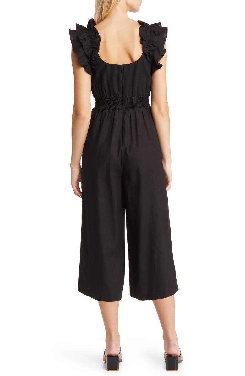 Vince Camuto Ruffle Shoulder Linen Blend Crop Jumpsuit, Alternate, color, Black