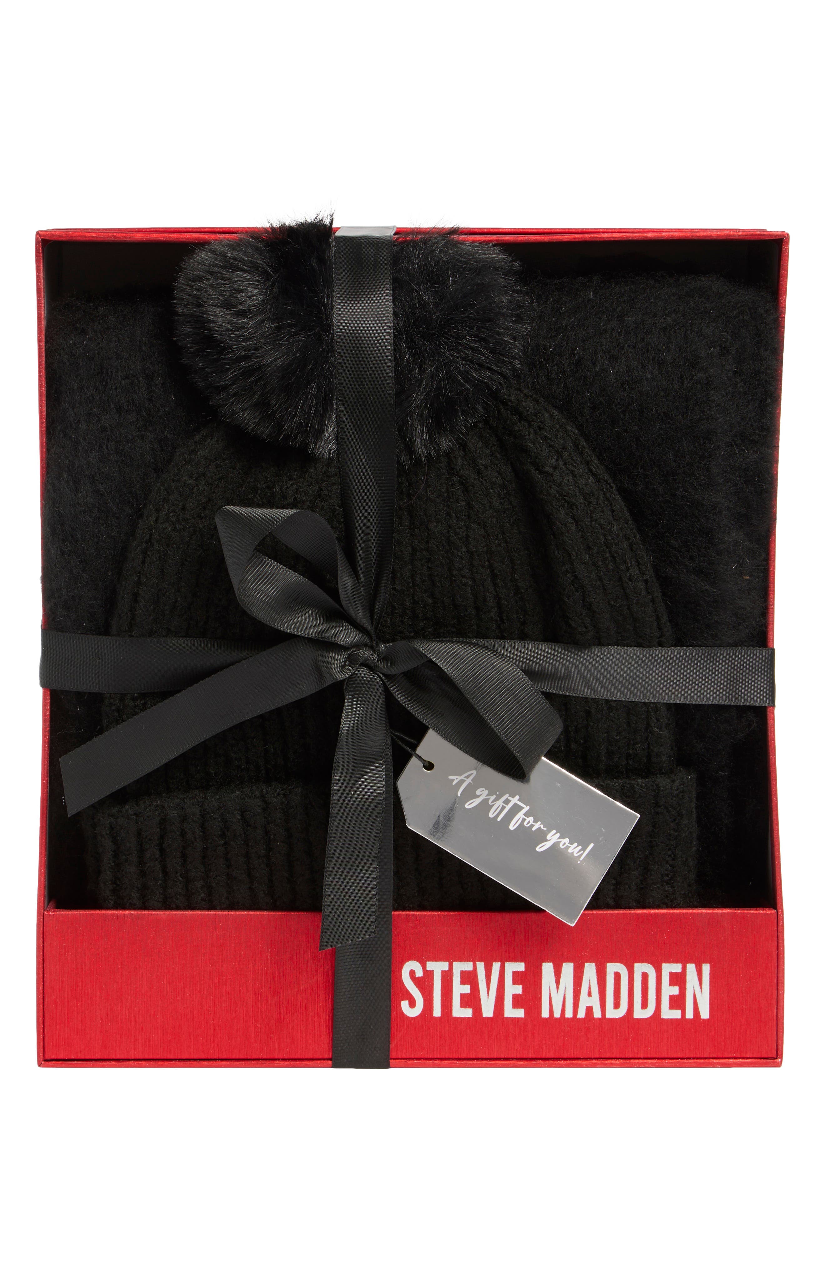 Steve Madden Black Scarf & Beanie Gift Set