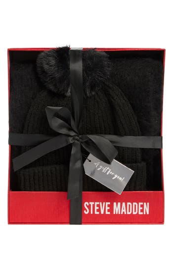Steve Madden Black Scarf & Beanie Gift Set
