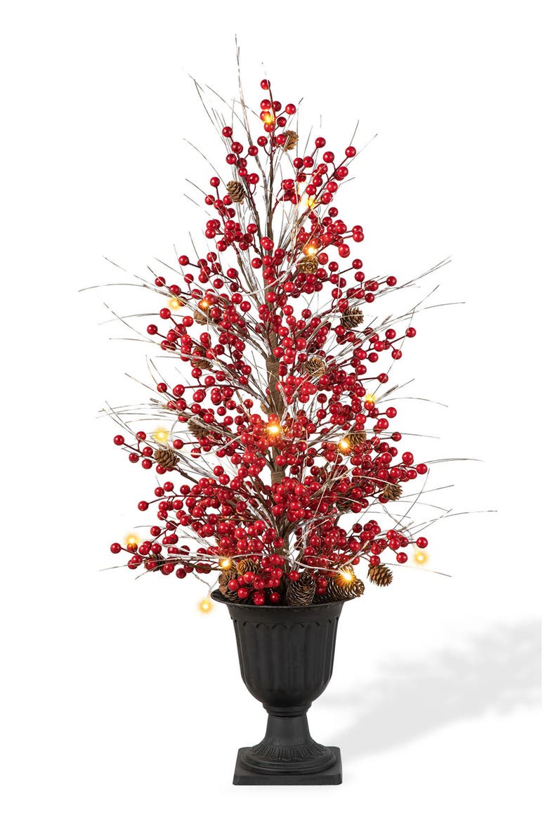 3FT Christmas Lighted Berry and Pine Cone Urn Porch Tree with Timer, Main, color, Red
