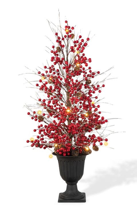 3FT Christmas Lighted Berry and Pine Cone Urn Porch Tree with Timer