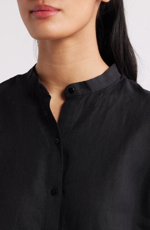 Eileen Fisher Organic Handkerchief Linen Band Collar Short-sleeve Shirt In Black