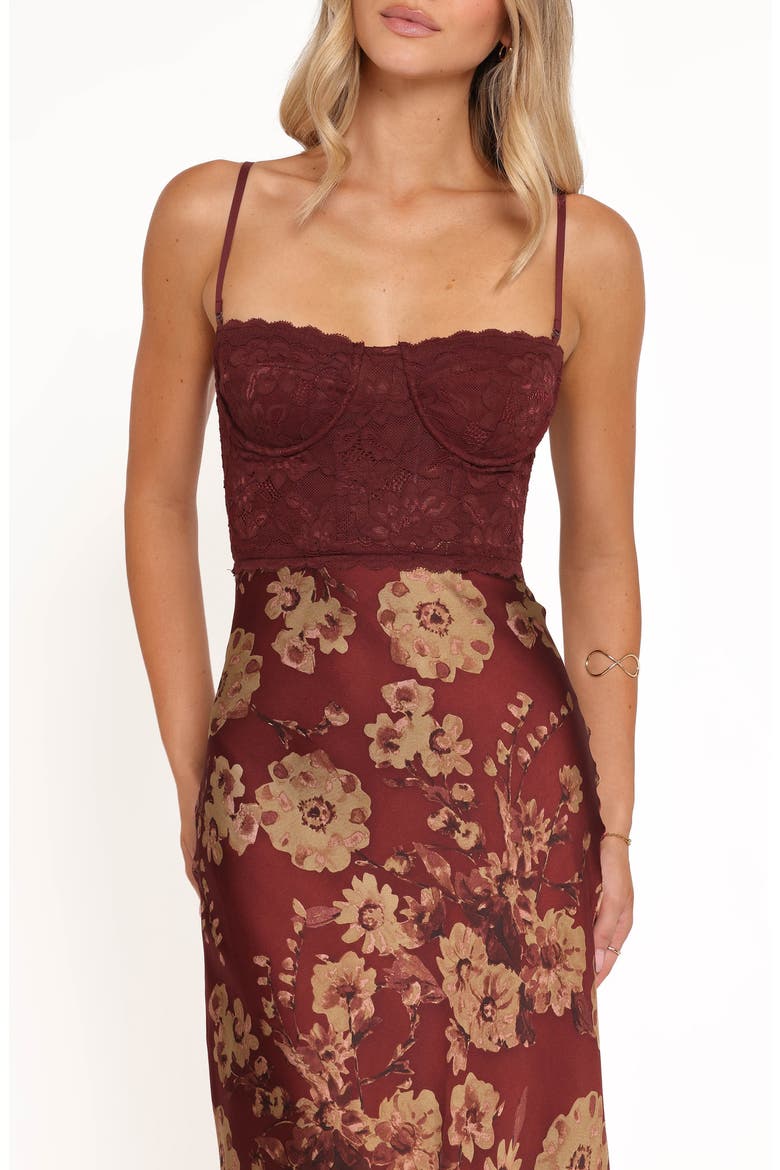 Shakira Mixed Media Floral Midi Dress, Alternate, color, BRONZED MERLOT