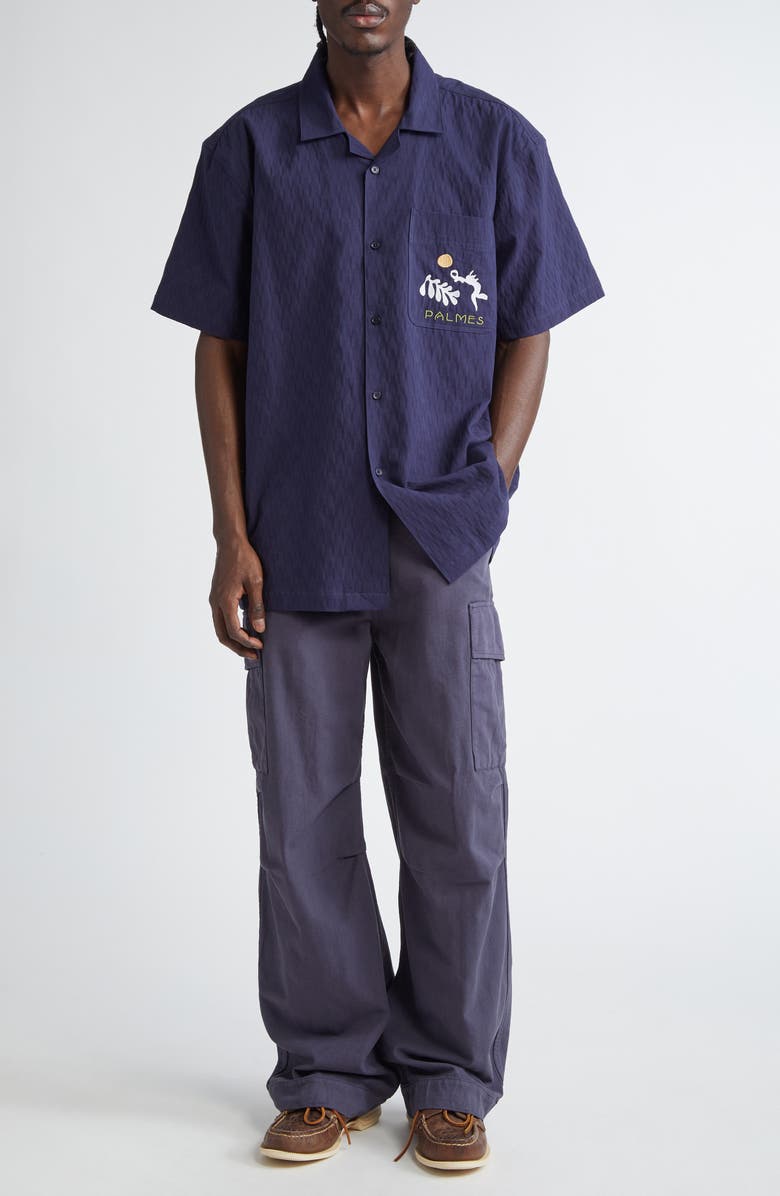PALMES Garden Embroidered Cotton Camp Shirt, Alternate, color, Dark Blue