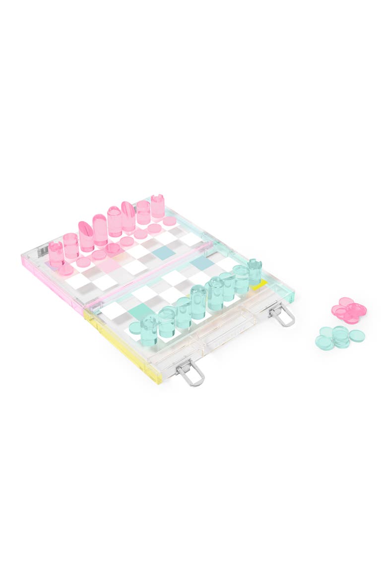 Lucite® 2-In-1 Mini Chess & Checkers Travel Set, Main, color, CLEAR